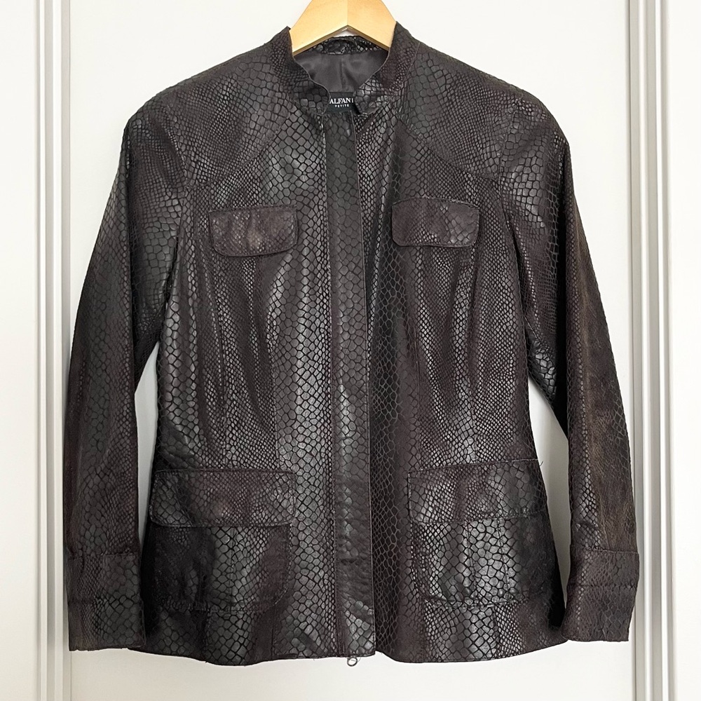 Alfani Women's 100% Leather Moto Jacket Size S Petite Brown Snakeskin Pattern